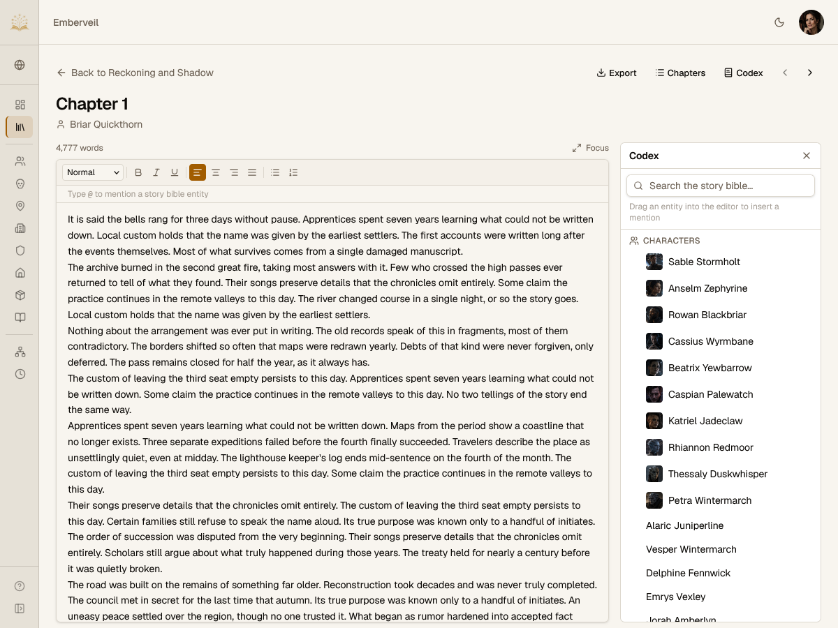 WritersKeep manuscript editor with books and chapters
